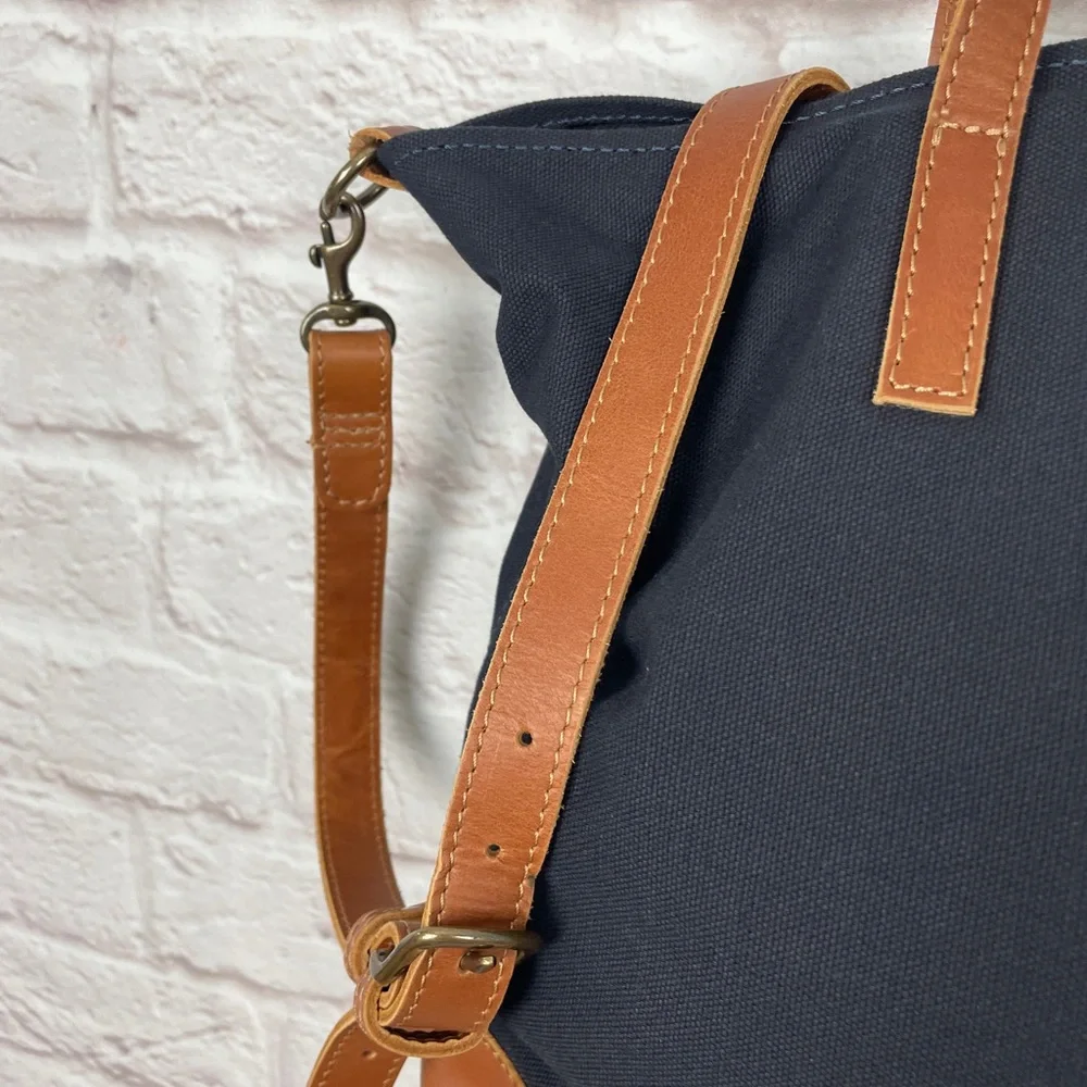 Able Navy Canvas Tote with Tan Leather Trim and Strap